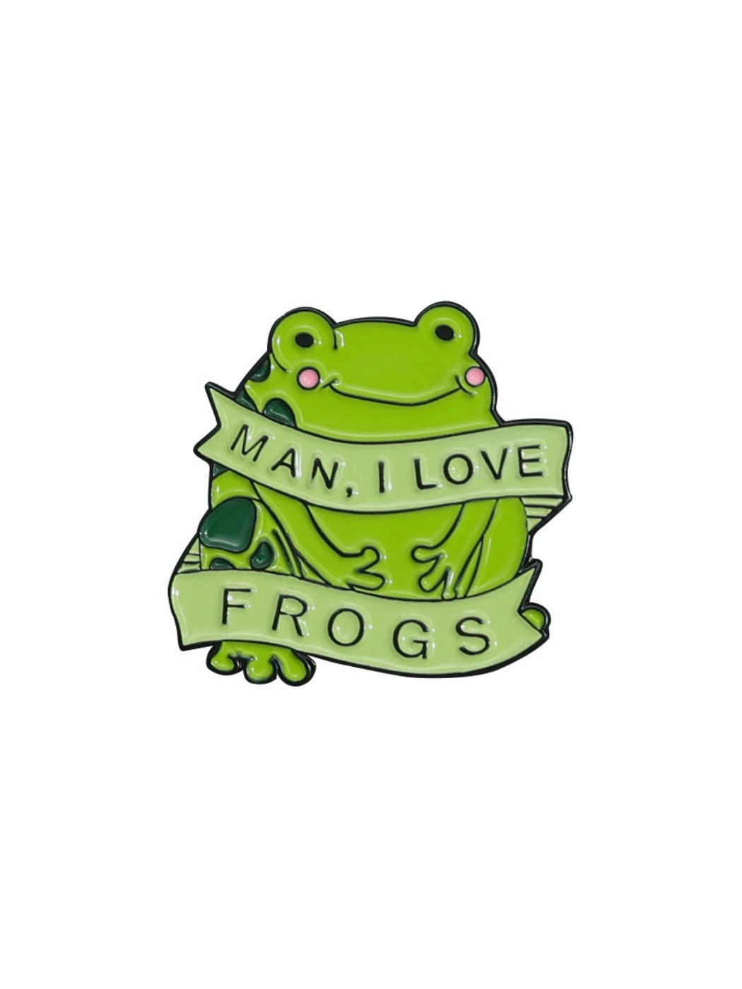 Pinori frog metal badge pin displayed with other colorful enamel pins on fabric