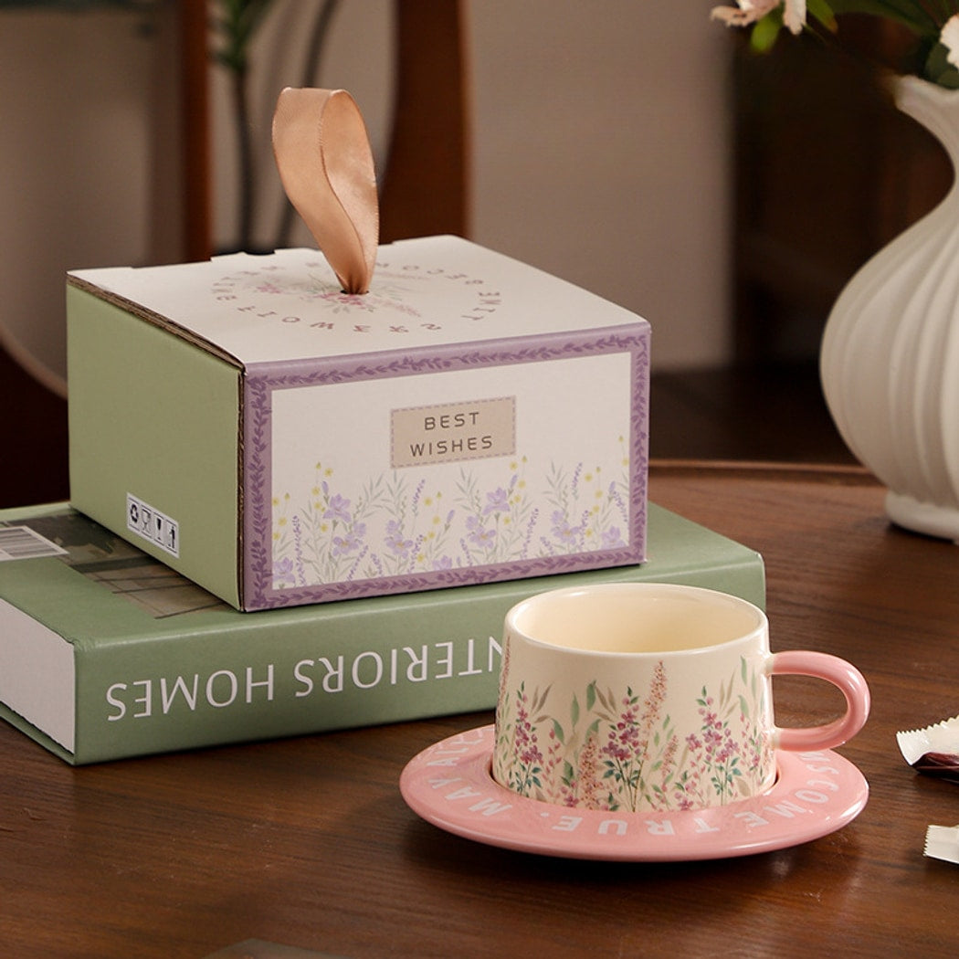 Mivora - Pastel Botanical Pattern Coffee Mug and Saucer Set