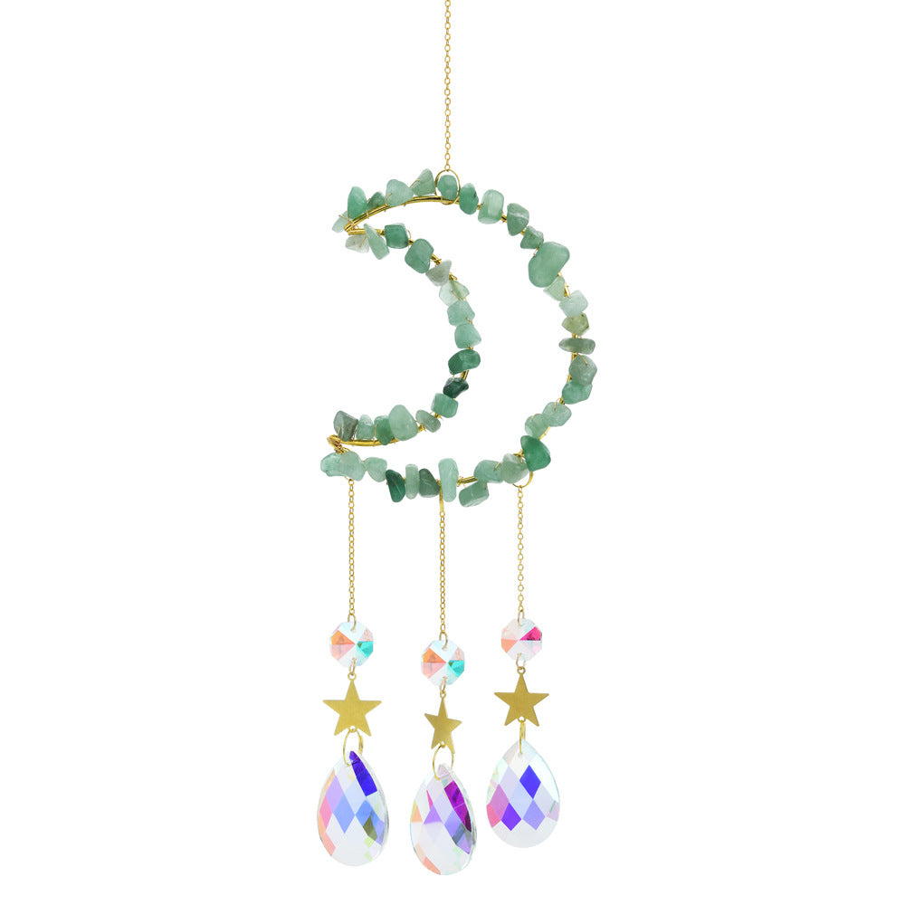 Full view of Somnira moon shaped bead dreamcatcher with feathers and beads