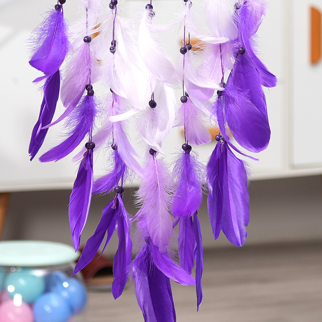 Close-up of the lower purple feather-look strands and dark bead-look accents