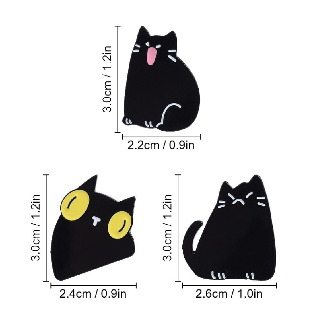 Pinori funny black cat enamel pin next to a ruler for scale measurement