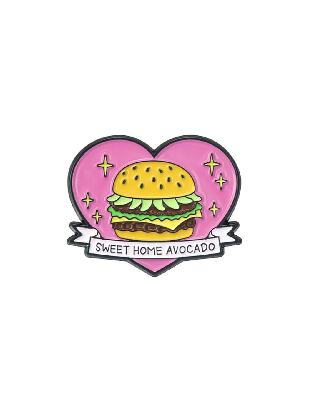 Pinori hamburger lapel pin photographed with natural lighting highlighting details