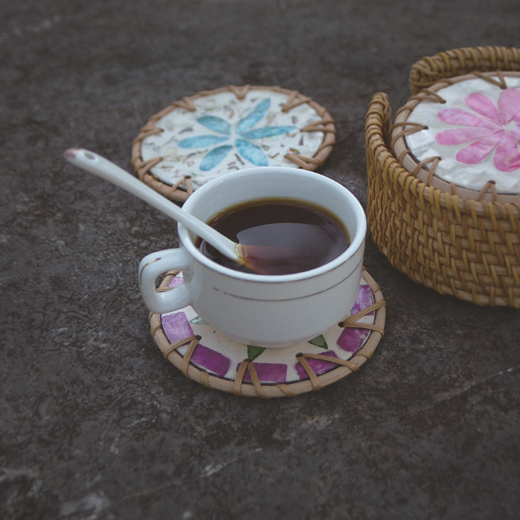 Thimara - Round Floral Pattern Woven Style Coaster Set