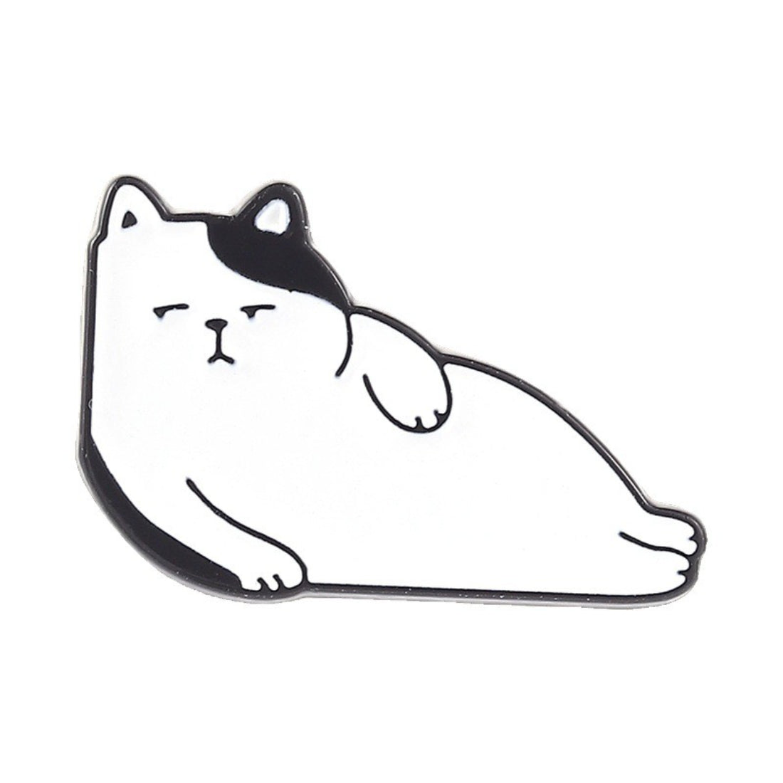 Close-up of Pinori Lazy Cat Lounge enamel pin highlighting detailed cat face and smooth enamel finish