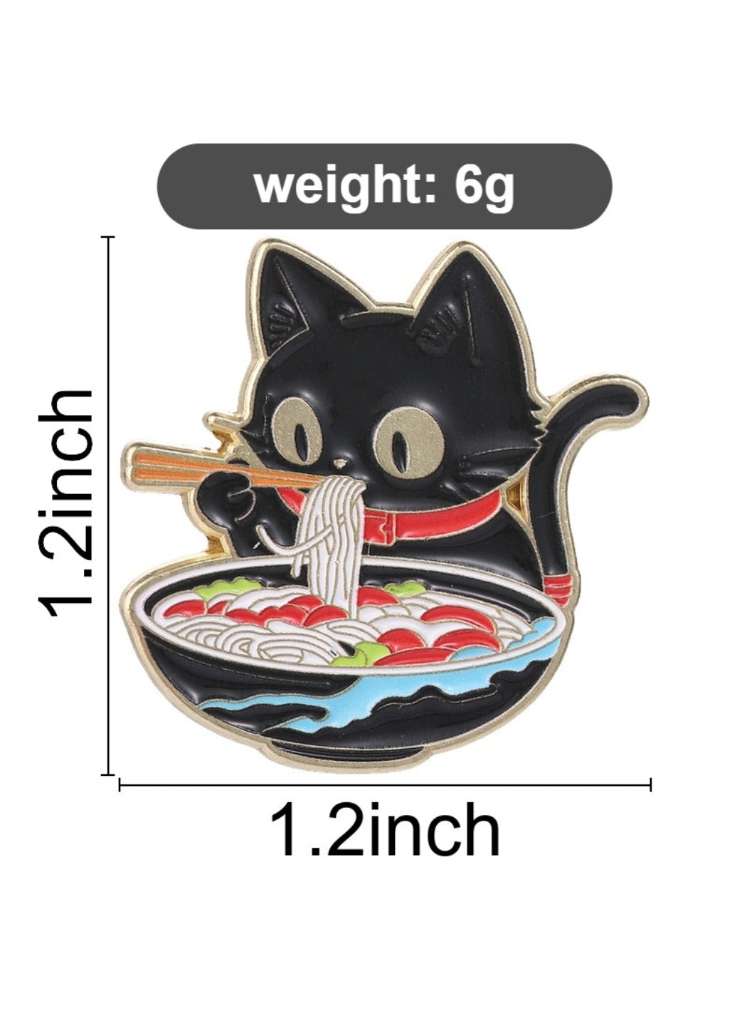 Pinori - Alloy Cat Brooch, Cute Cartoon Black Cat Eating Ramen Badge