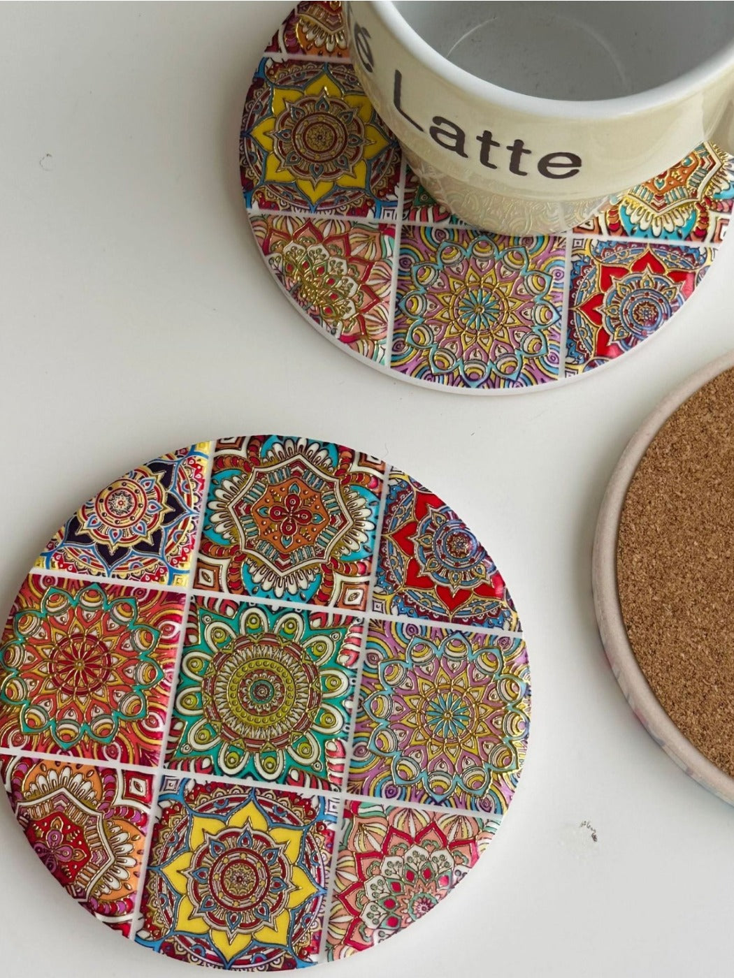 Thimara - Round Retro Style Ceramic Coasters  Gold Foil Embossed