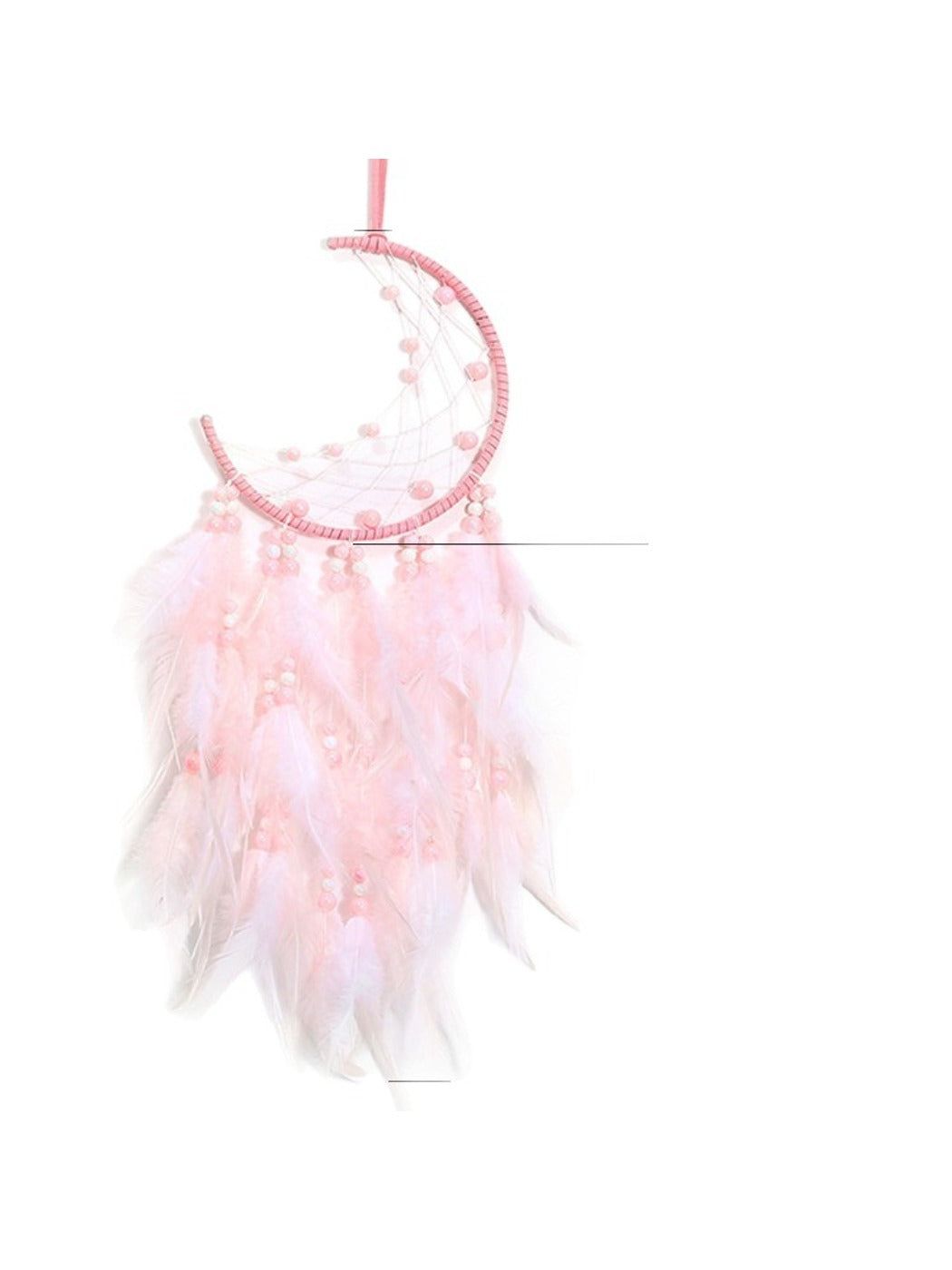 Somnira dream catcher hanging against a white background highlighting pink feathers
