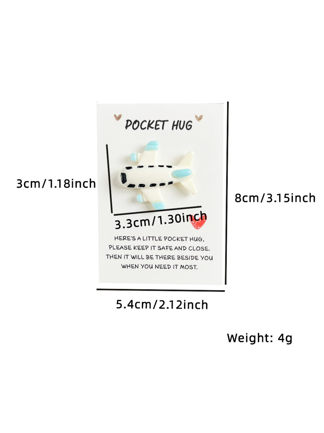 Side view of the blue and white resin airplane pocket hug on a plain surface