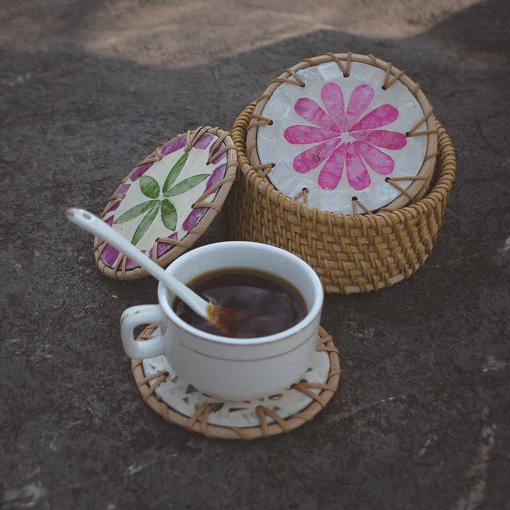 Thimara - Round Floral Pattern Woven Style Coaster Set