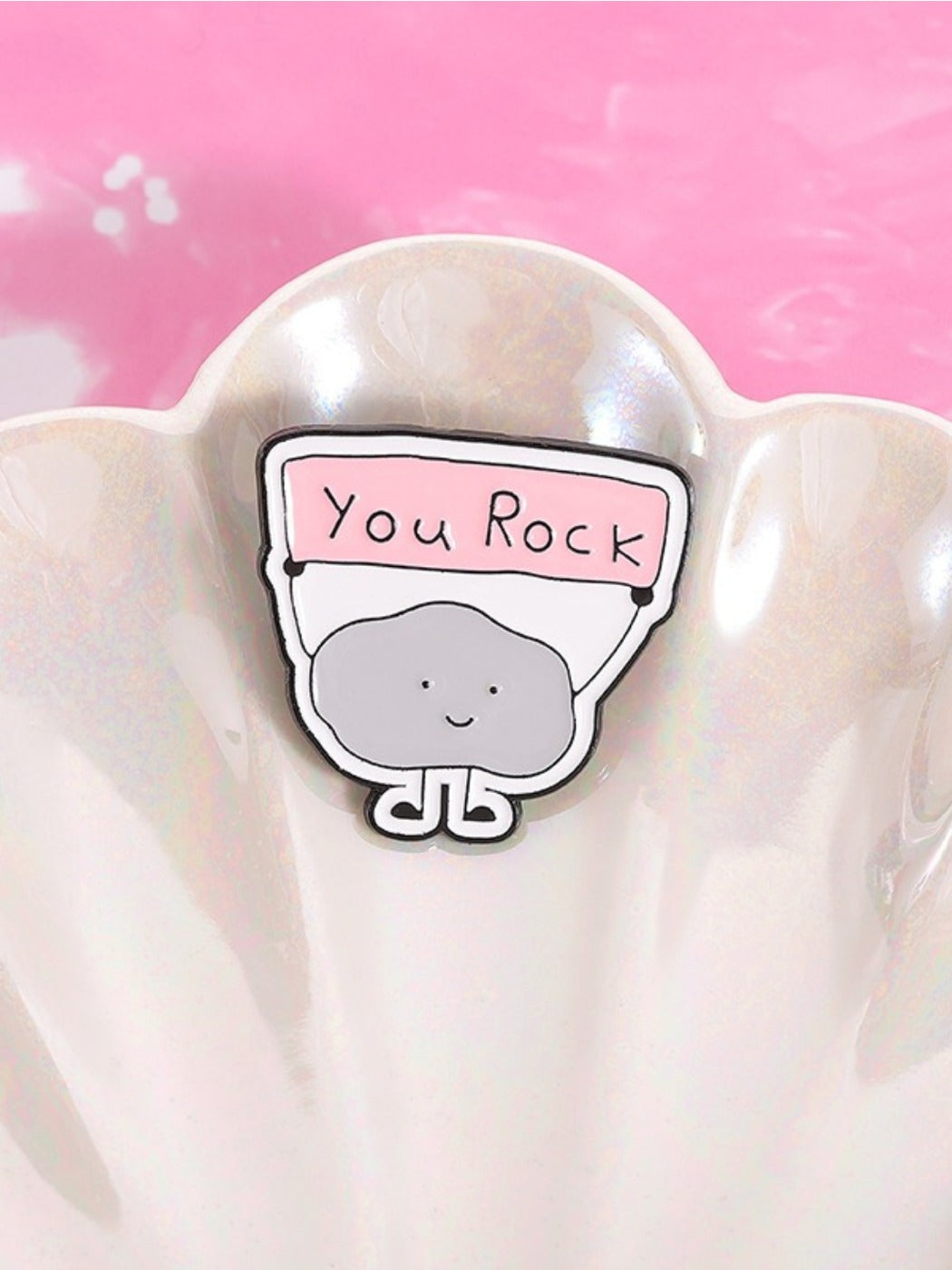 Back view of Pinori YOU ROCK cloud pin showing metal pin clasp