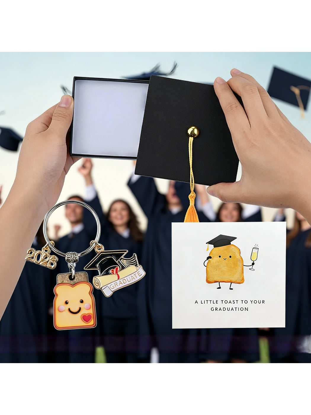 Taphug graduation keychain with resin bread cookie charm shown against neutral background