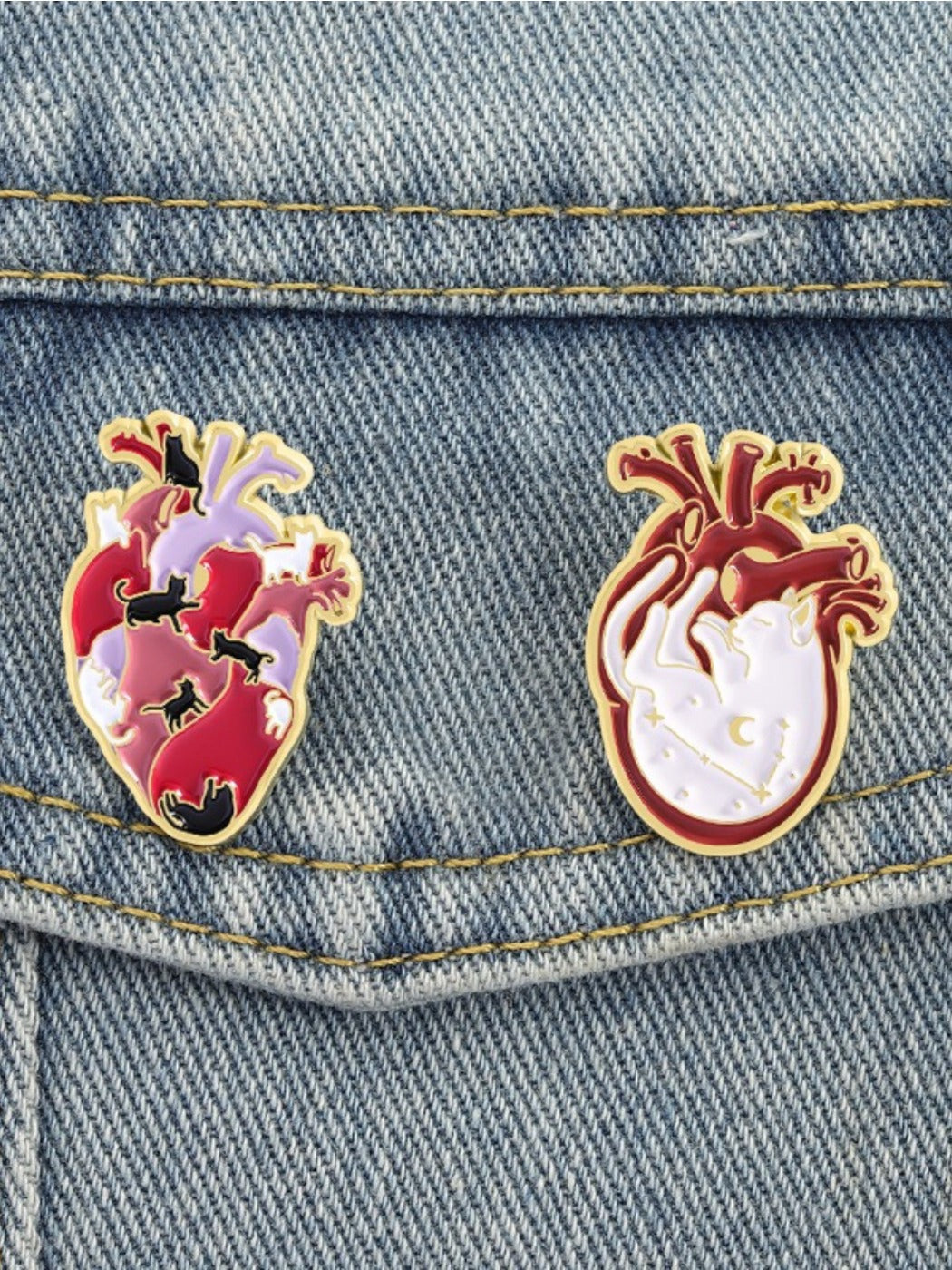 Pinori cat heart anatomy brooch placed on a wooden surface for display