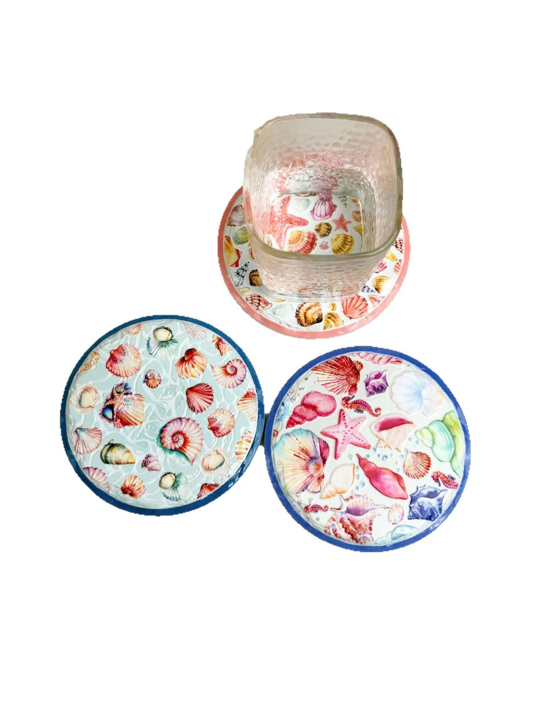 Thimara - Ocean Themed Ceramic Coaster Set with Shell and Conch