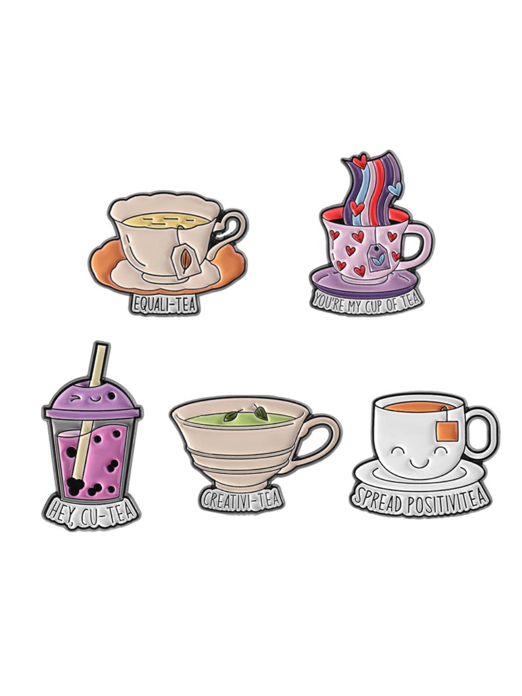 Pinori tea cup pin shown alongside a cup of tea for thematic display