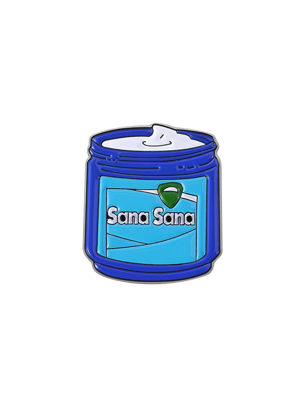 Pinori brooch packaging with blue cream jar design visible through clear cover