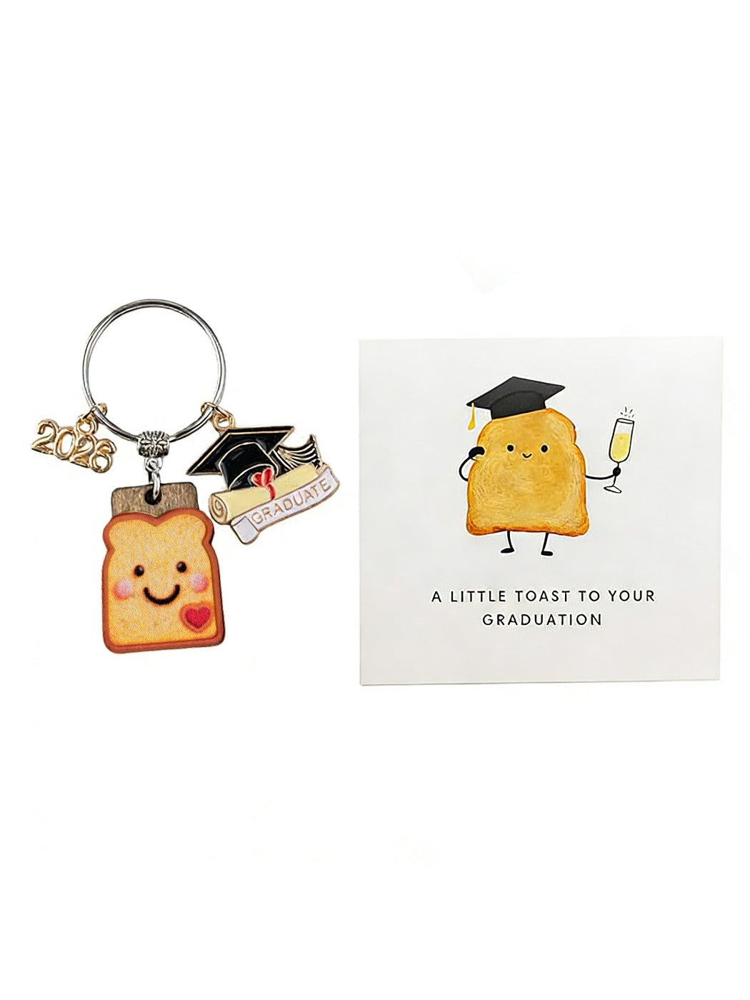 Close-up of Taphug resin bread cookie charm on a graduation keychain