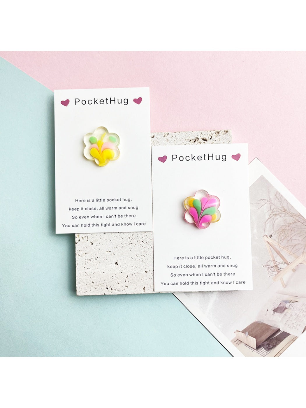 Taphug - Pocket Hug Colorful Resin Flower pocket hug card and keepsake token view 2