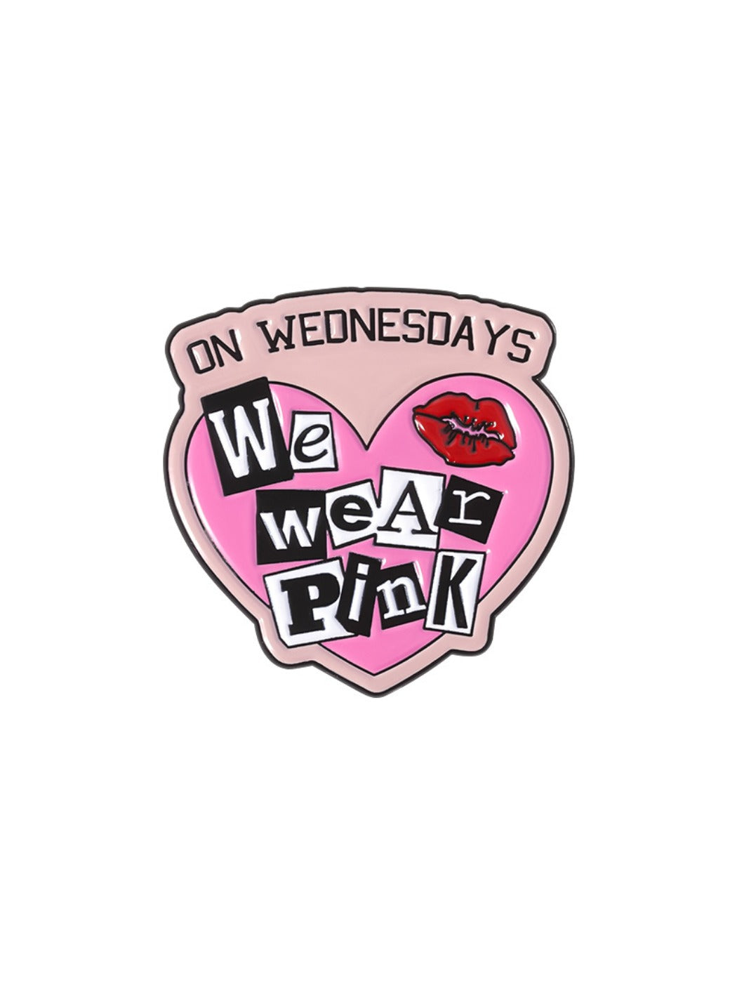 Detailed view of the pink heart and alphabet design on the metal pin
