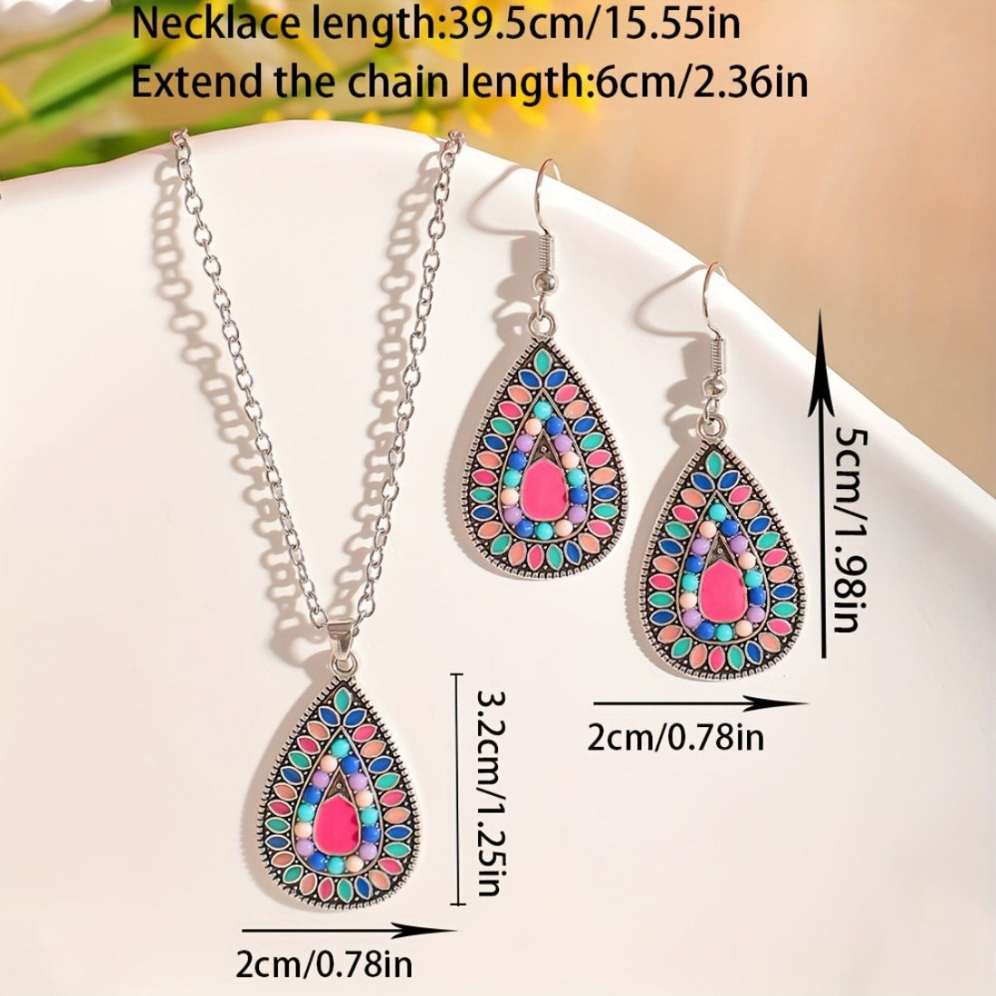 Bohemian Teardrop Earrings and Necklace Set