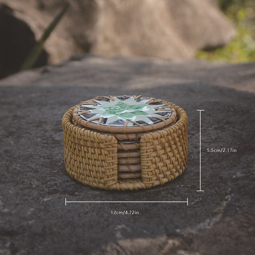 Thimara - Round Floral Pattern Woven Style Coaster Set
