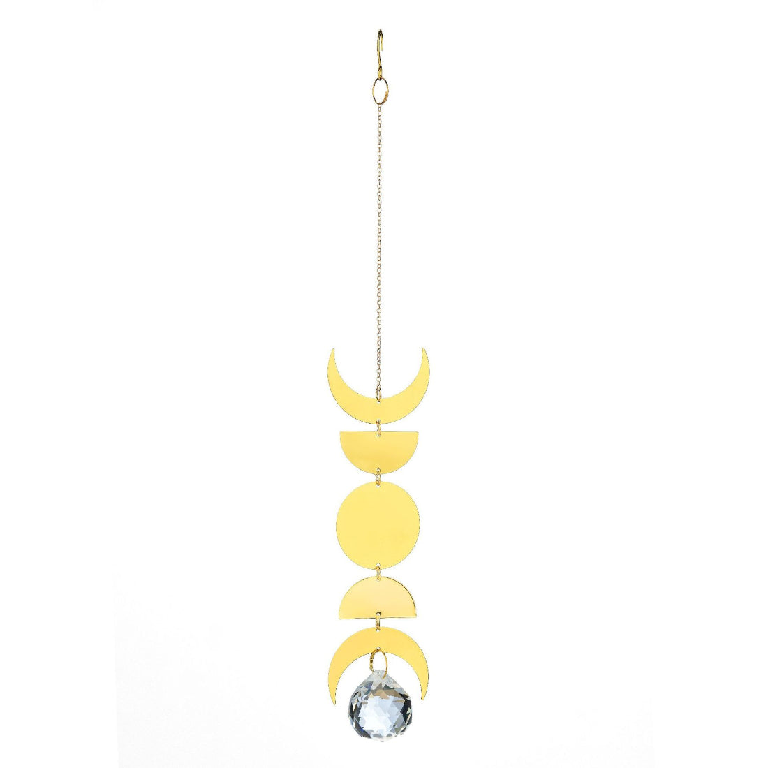 Side view of Somnira Moon Phase suncatcher highlighting hanging chain and moon details