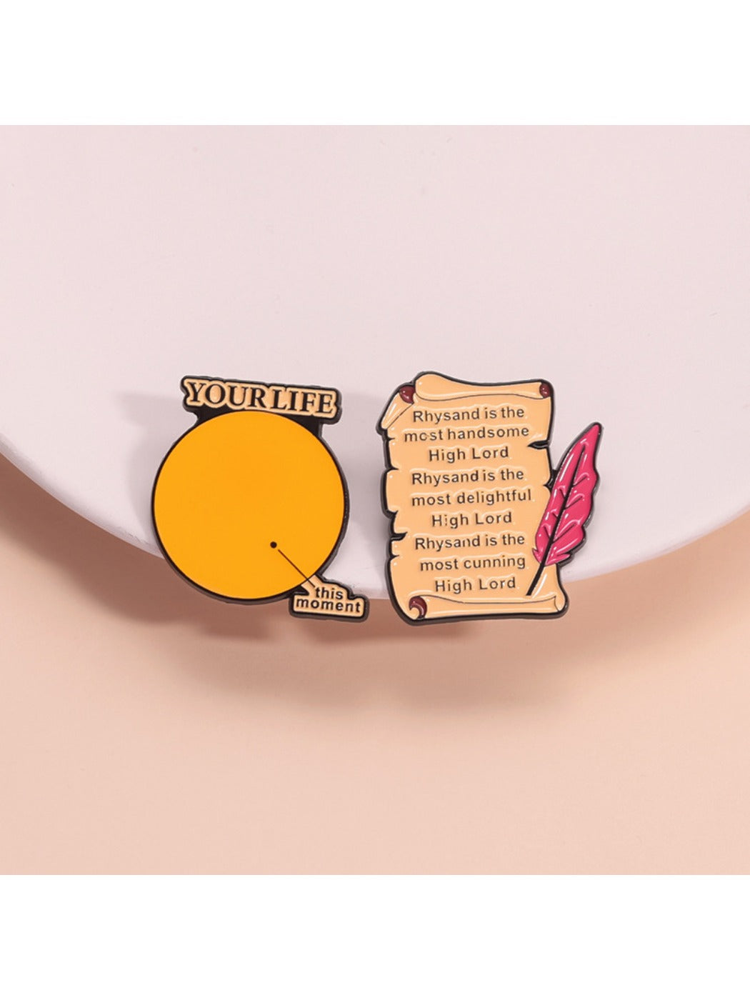 Pinori orange badge letter decorative clasp pin on white background