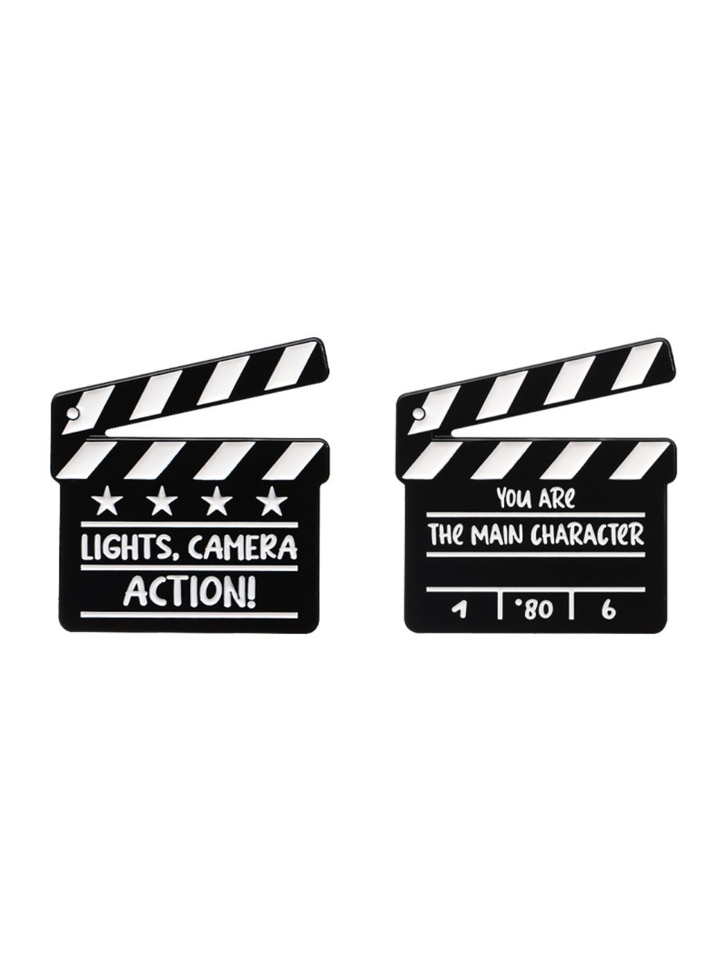 Pinori clapperboard brooch with colorful background for contrast