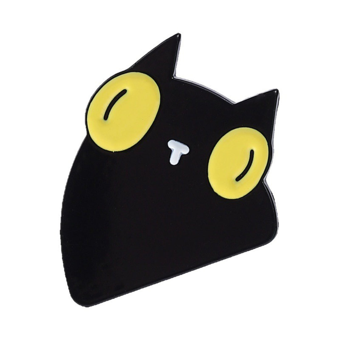 Side view of Pinori funny black cat enamel pin showing metal backing and clasp