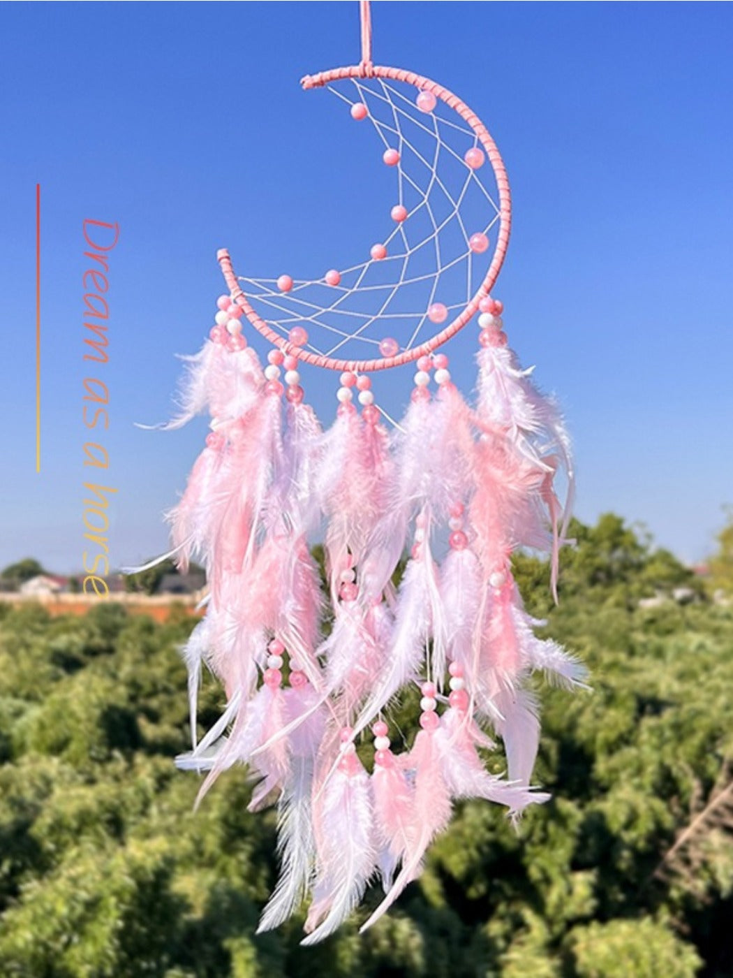Somnira moon shaped dream catcher with pink feathers and intricate web design