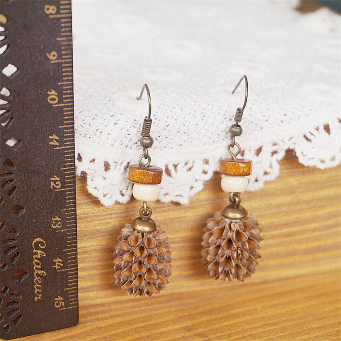 Handcrafted Vintage Wooden Bead and Natural Nut Earrings