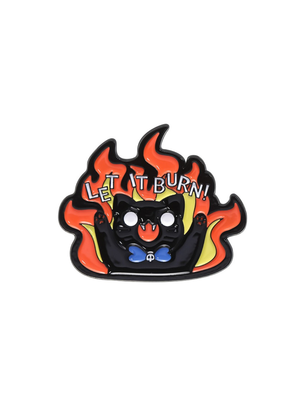 Pinori Evil Kitten brooch with fiery flames placed on white background for display