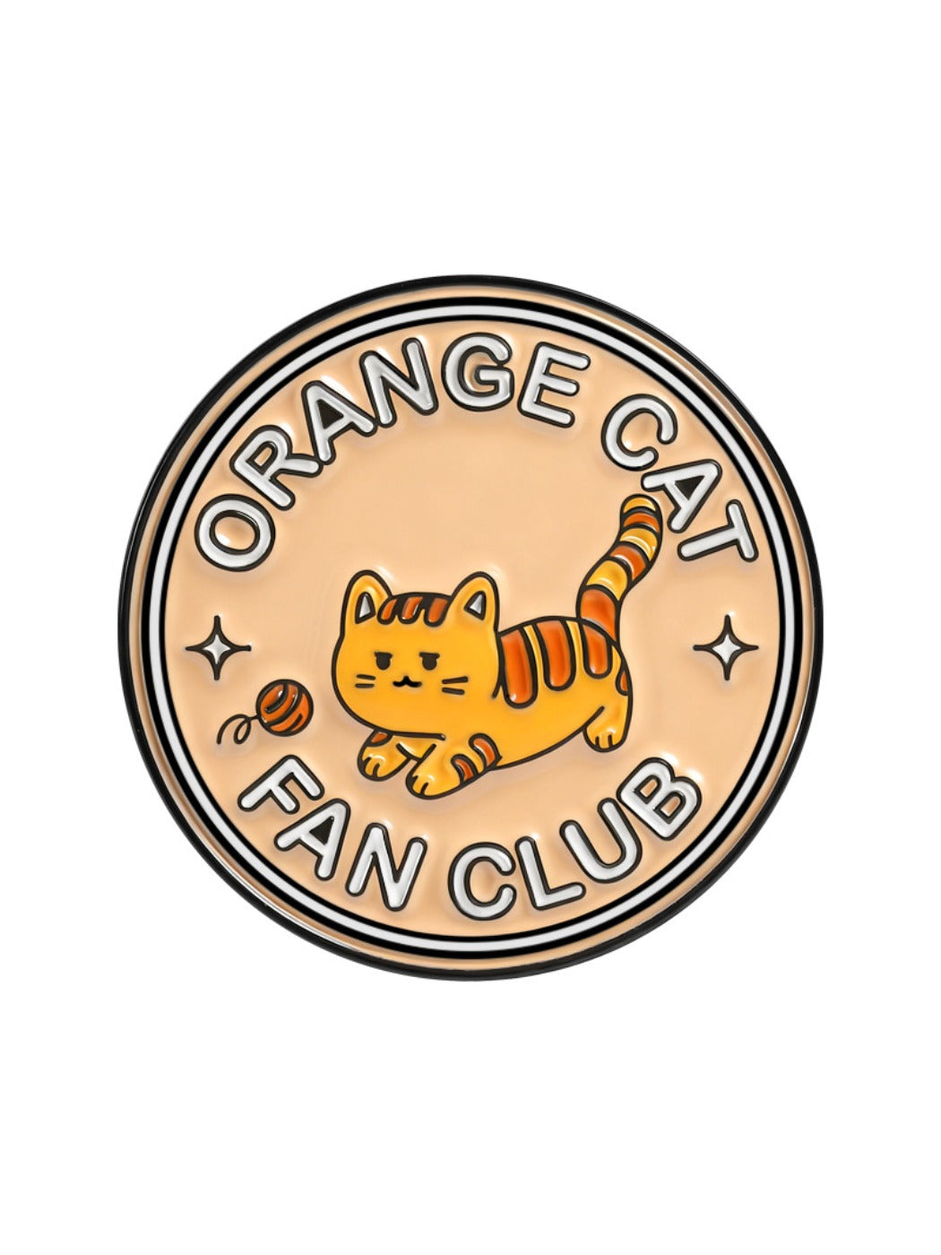 Pinori orange cat enamel pin in natural light highlighting colors