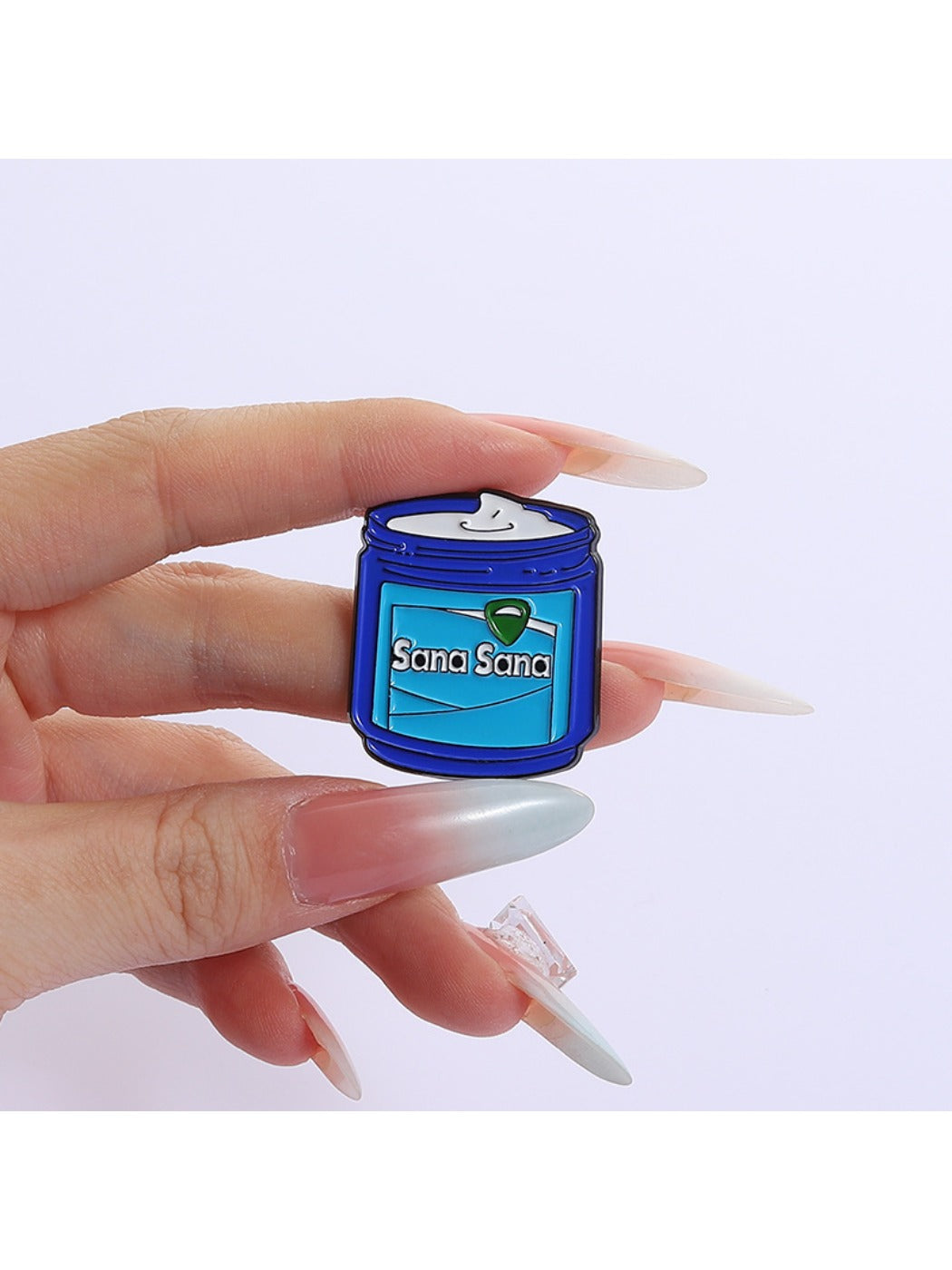 Pinori blue cream jar brooch showing side profile and metal clasp