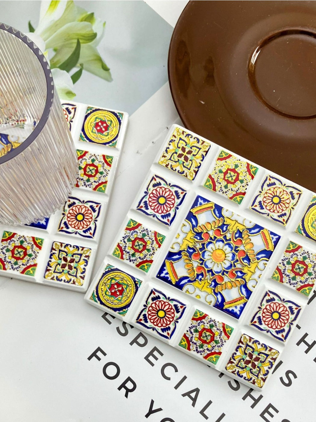 Thimara - Vintage Bohemian Embossed Square Ceramic Coaster