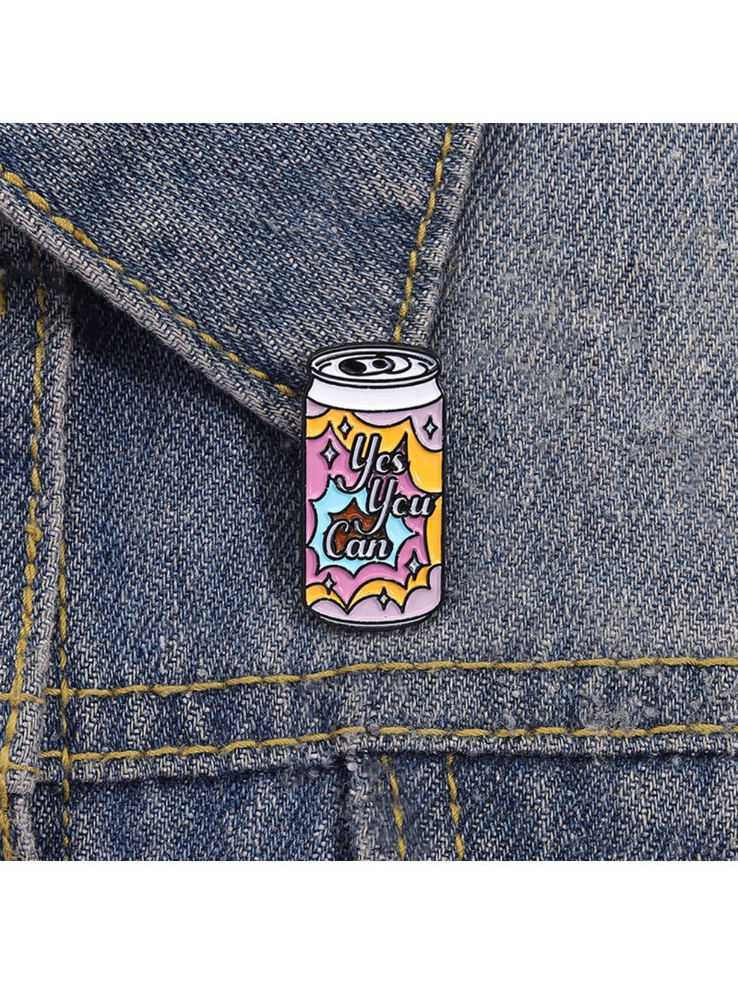 Pinori punk soda can pin displayed on a black leather jacket for style inspiration