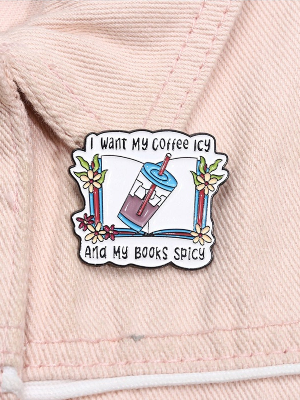 Side view of Pinori vintage book pin highlighting its thickness and metal backing