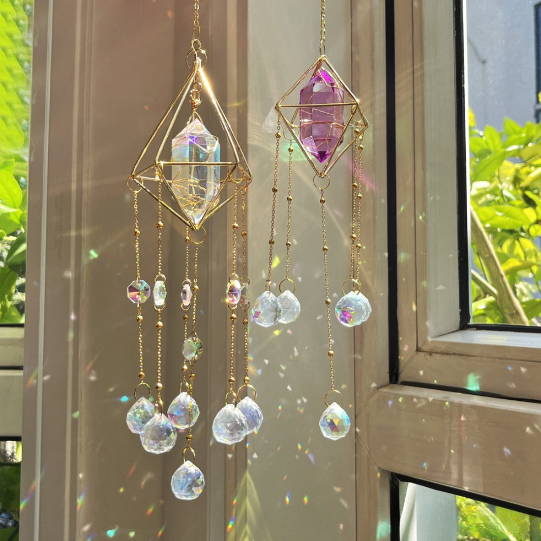 Somnira geometric prism suncatcher hanging decor with clear glass panels and metal frame