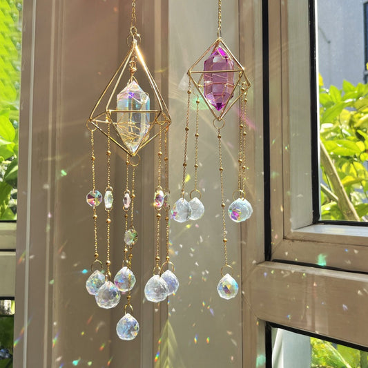 Somnira geometric prism suncatcher hanging decor with clear glass panels and metal frame