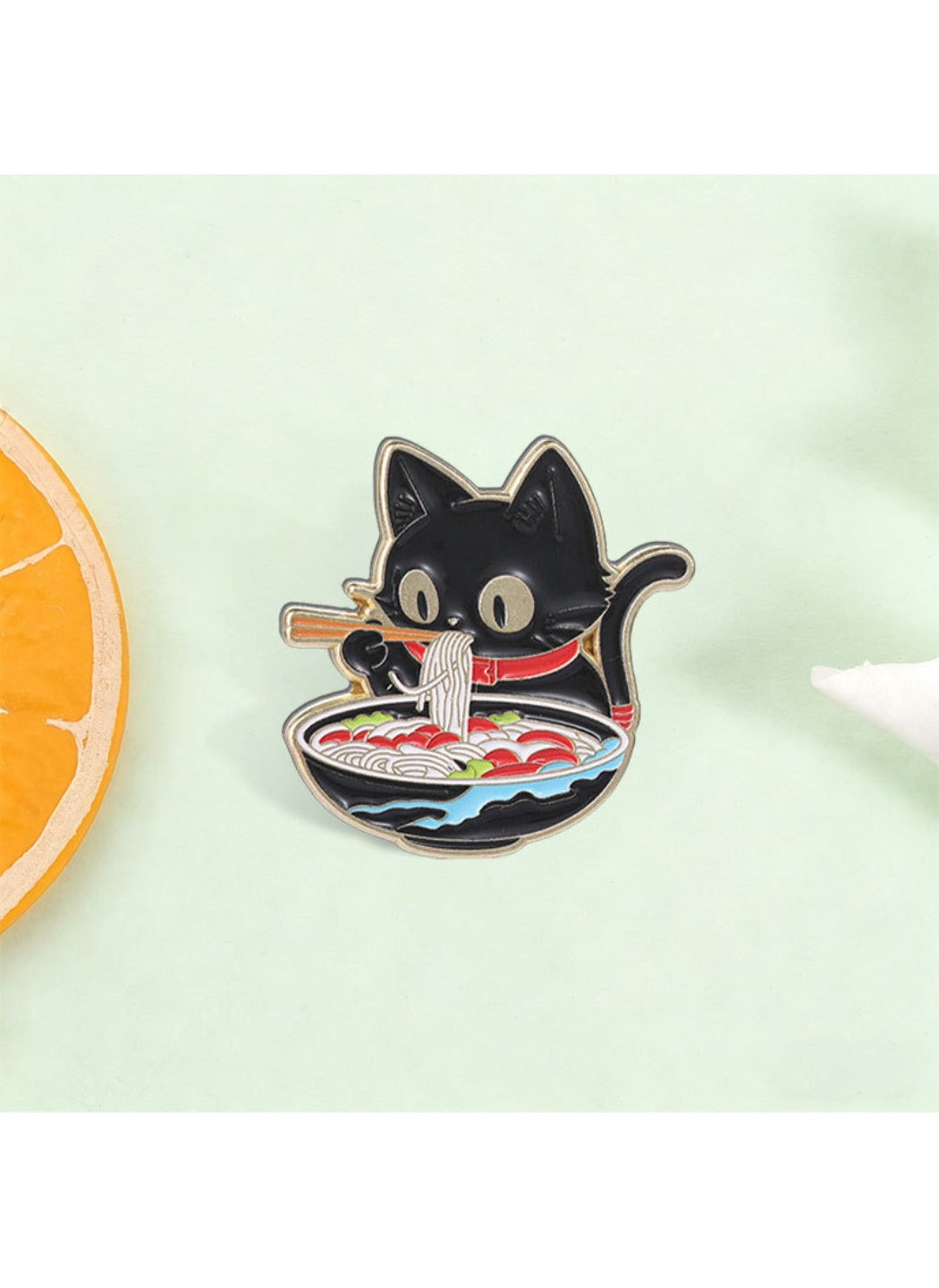 Pinori - Alloy Cat Brooch, Cute Cartoon Black Cat Eating Ramen Badge