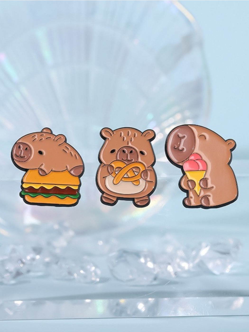 Side angle of Pinori capybara animal brooch highlighting pin clasp mechanism