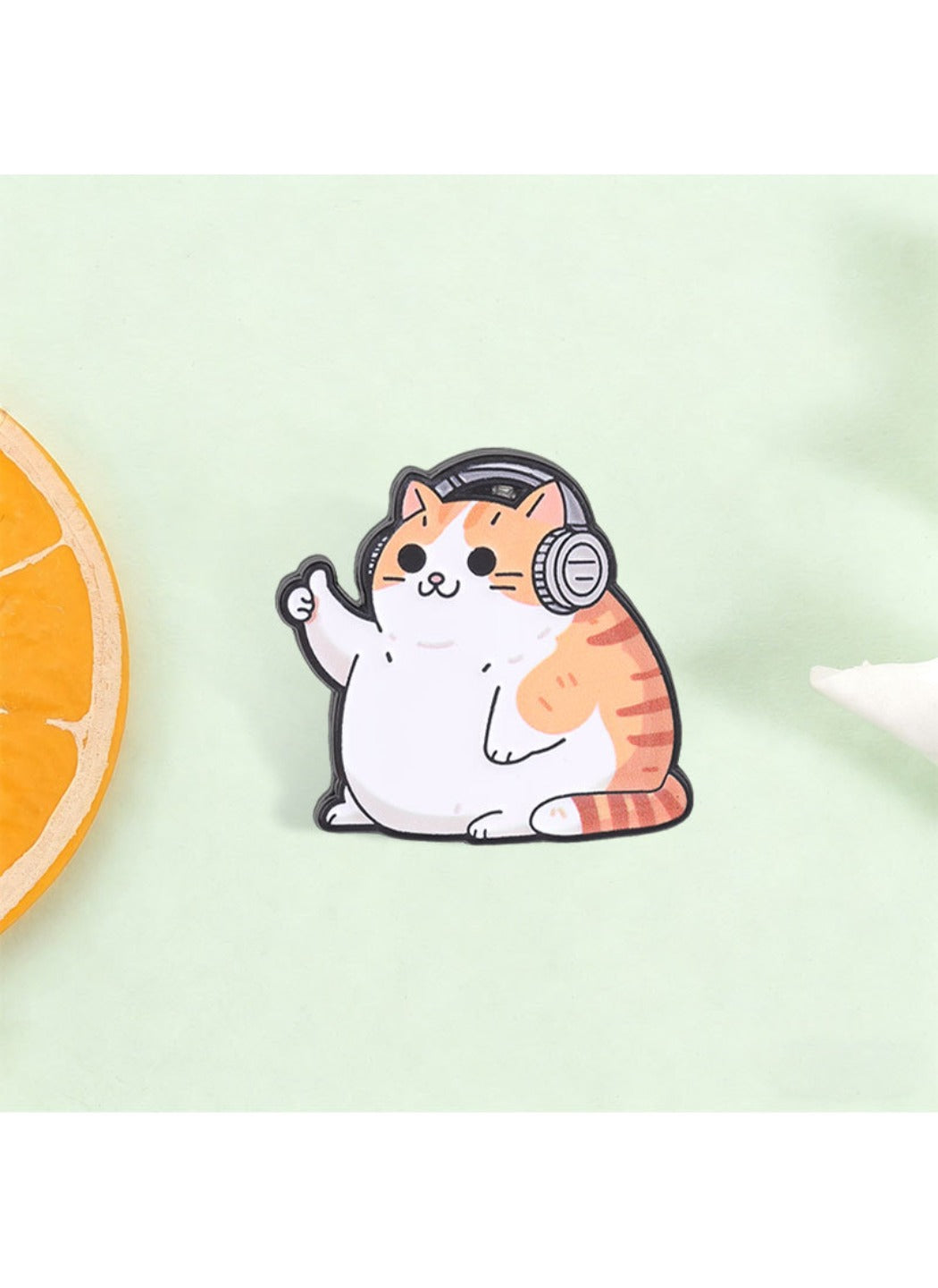 Pinori - Cute Cartoon Chubby Orange Cat with Headphones Pin Brooch Badge