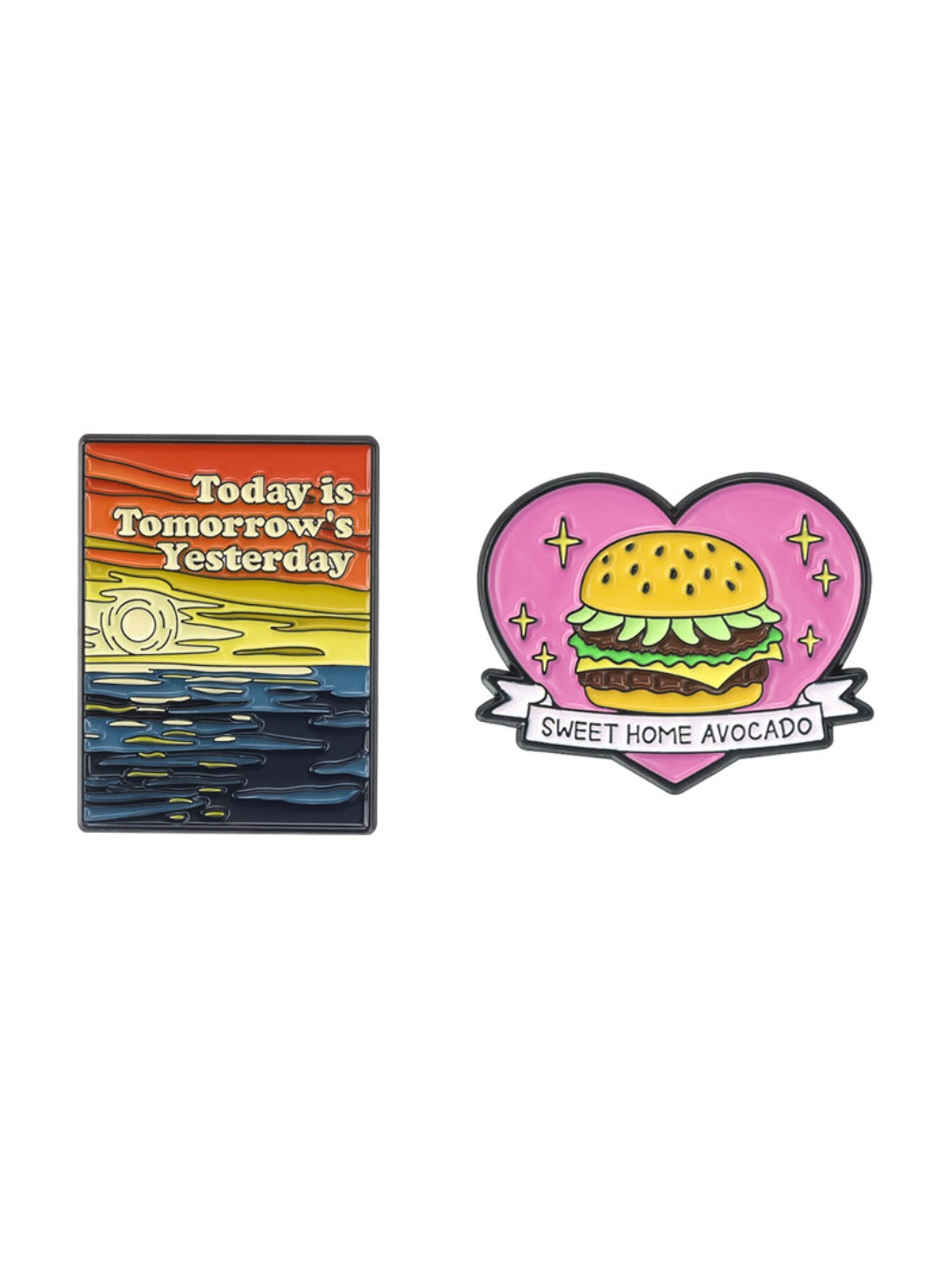 Pinori hamburger lapel pin worn on a shirt collar for a casual look