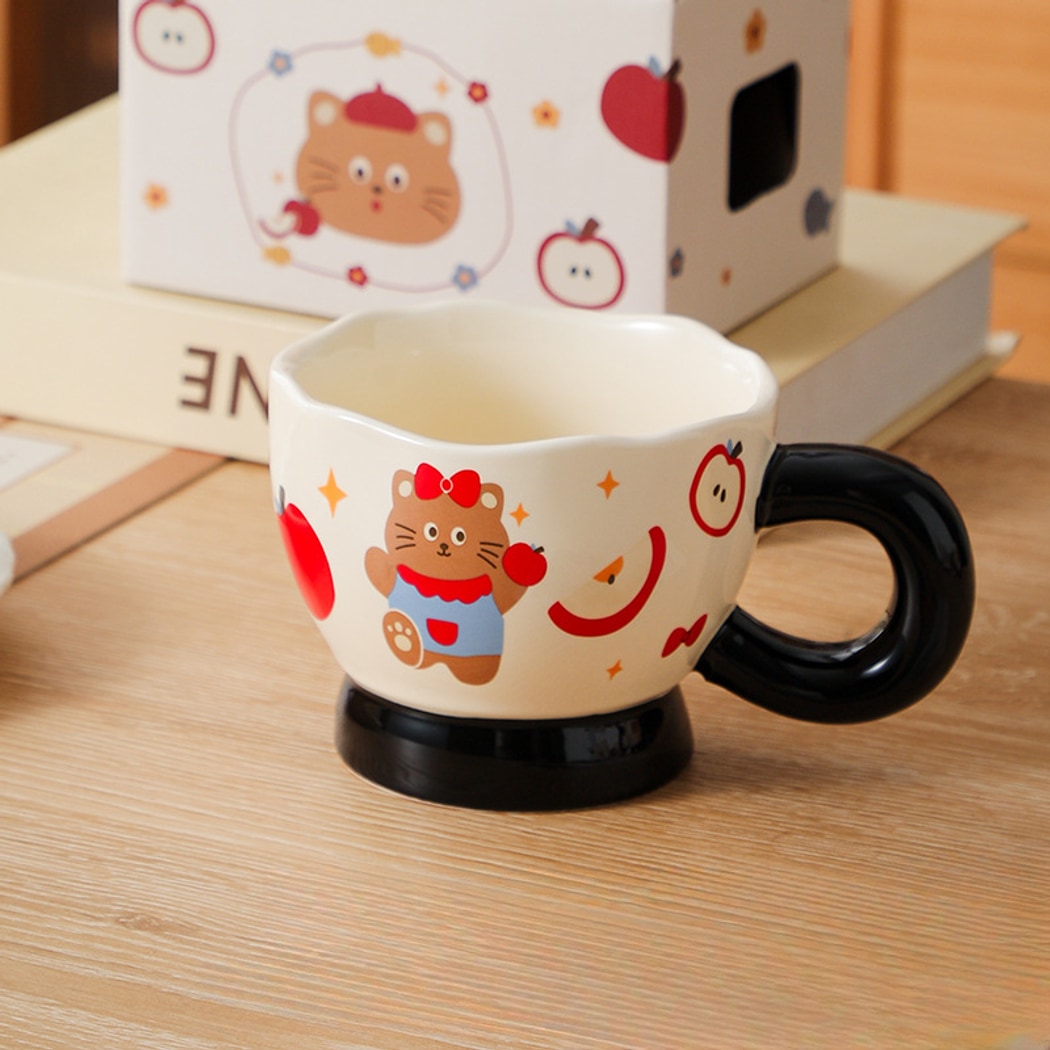 Mivora - Cartoon Apple and Cat Irregular Rim Mug