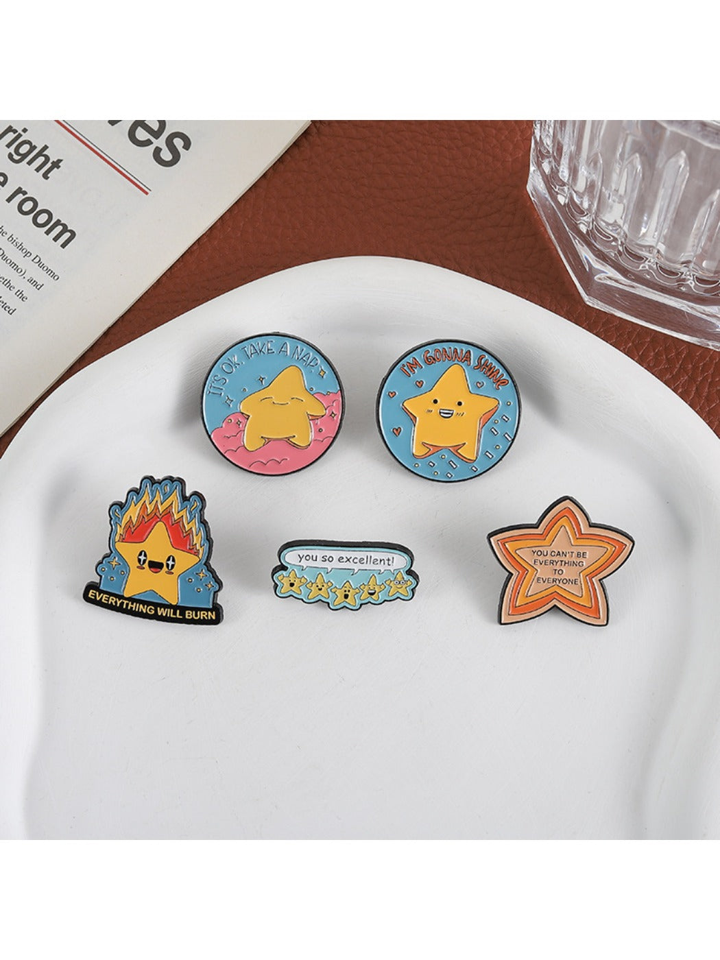 Pinori shining star pin attached to denim jacket pocket