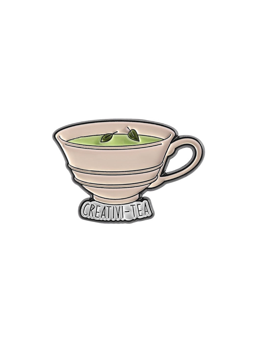 Pinori tea cup pun pin on a black fabric surface for contrast
