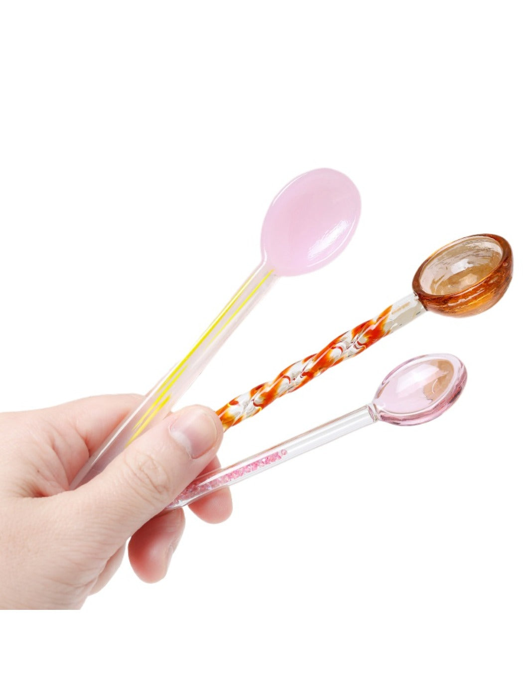 Side view of Thimara colorful transparent glass spoon highlighting its curved shape