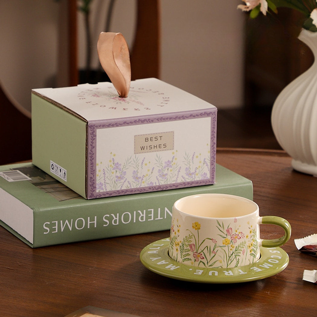 Mivora - Pastel Botanical Pattern Coffee Mug and Saucer Set