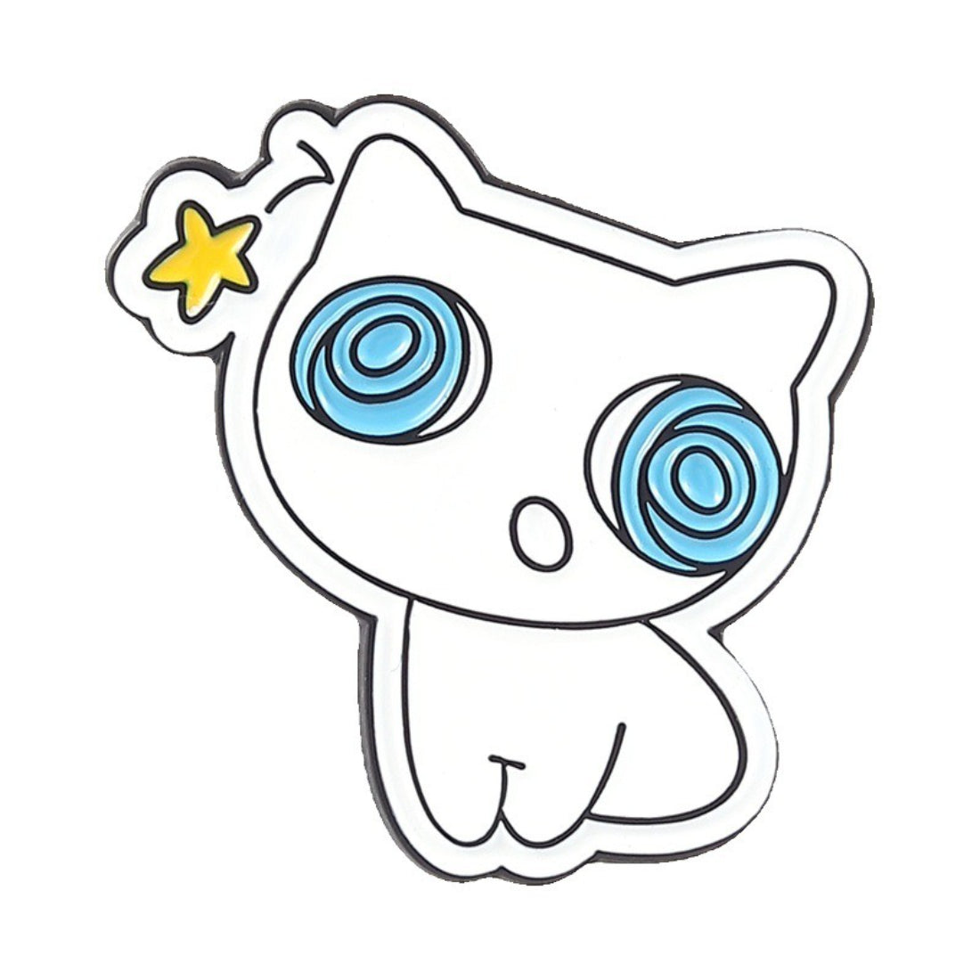 Pinori Dizzy Eye White Cat enamel pin attached to denim jacket