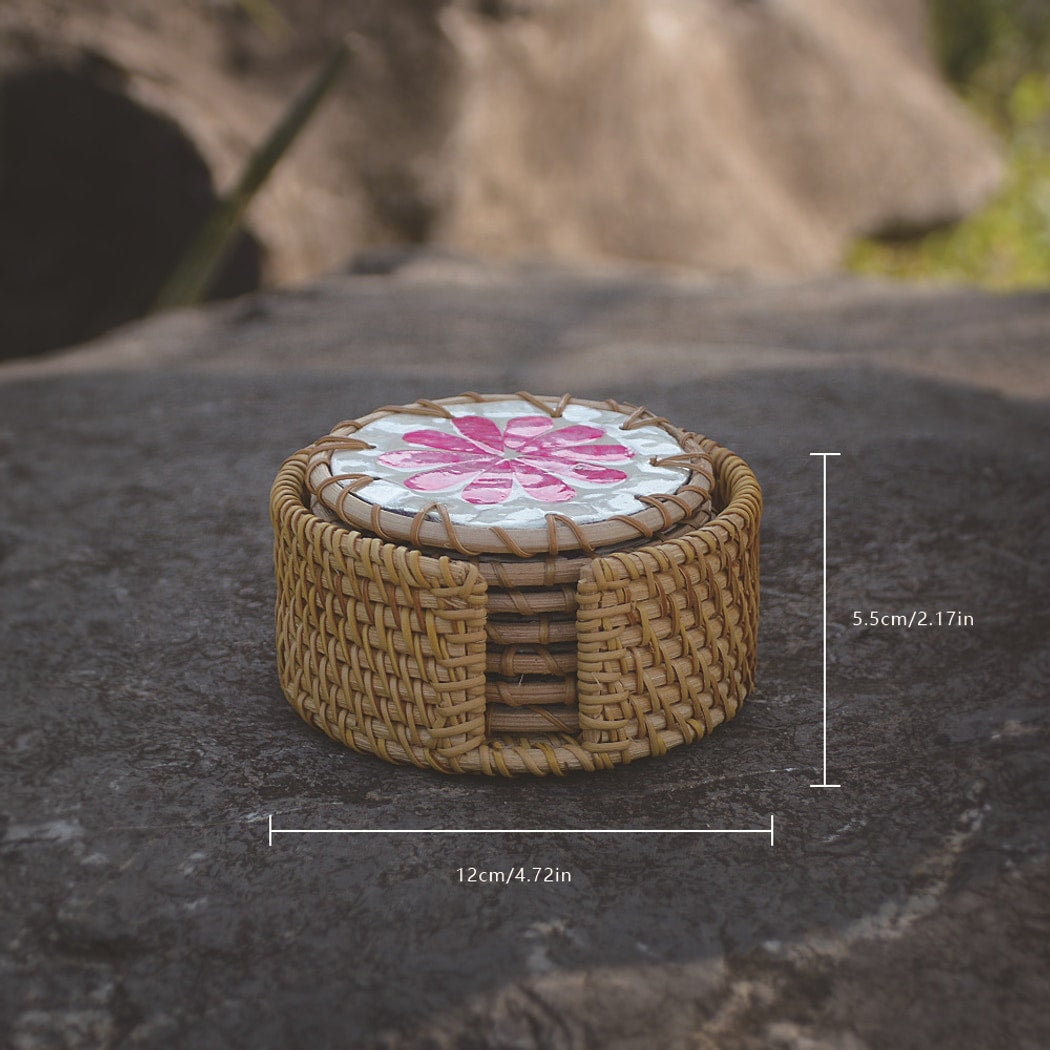 Thimara - Round Floral Pattern Woven Style Coaster Set