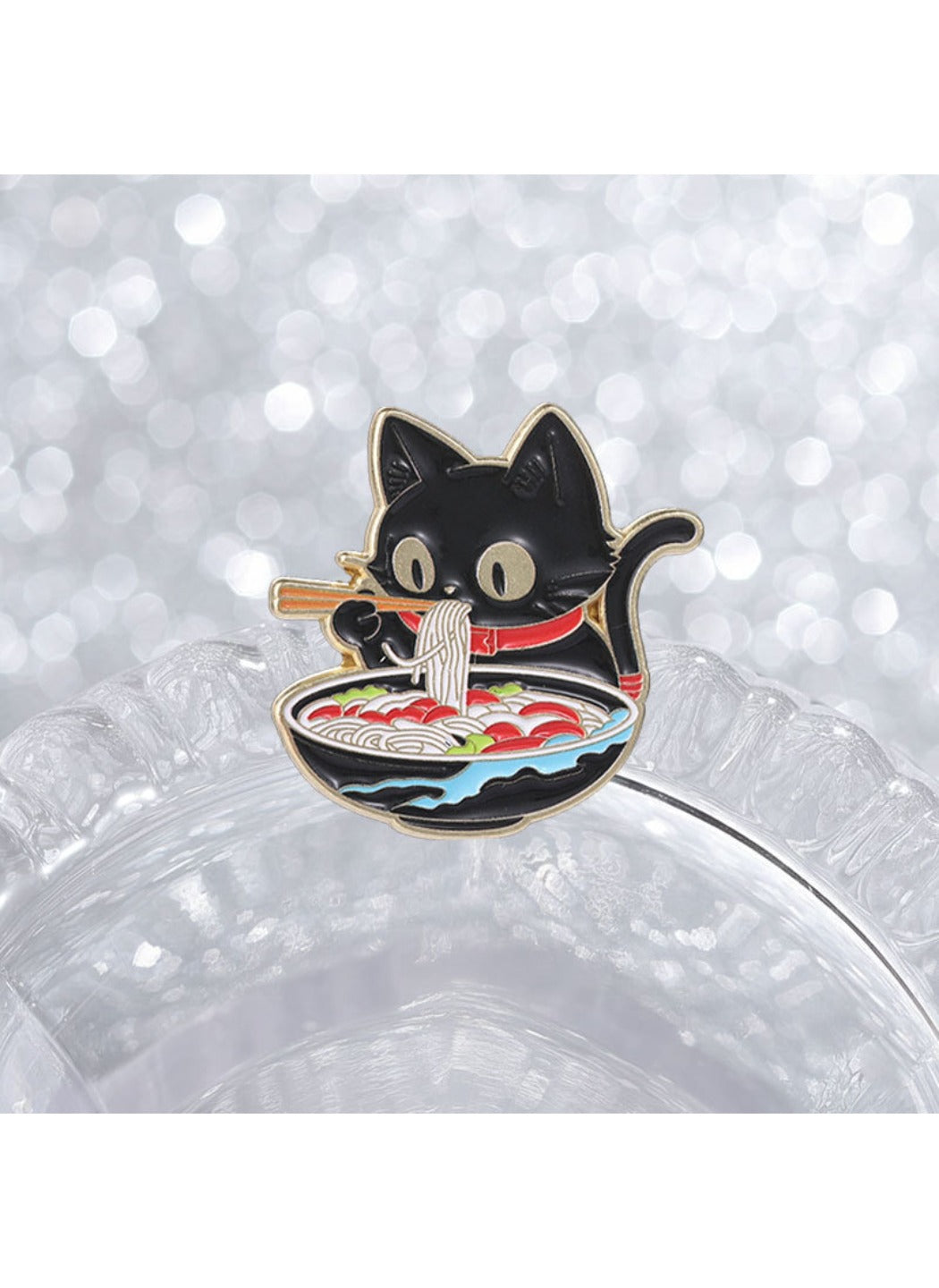 Pinori - Alloy Cat Brooch, Cute Cartoon Black Cat Eating Ramen Badge